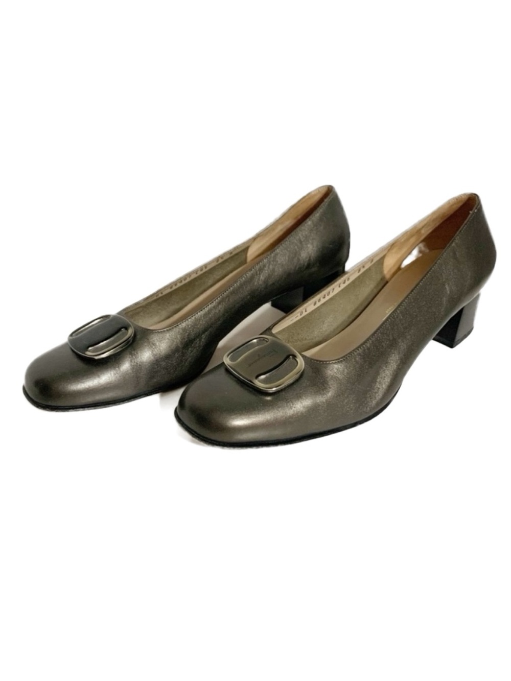 Salvatore Ferragamo Slip On Pewter Leather Heels with Logo Plates on Top Front